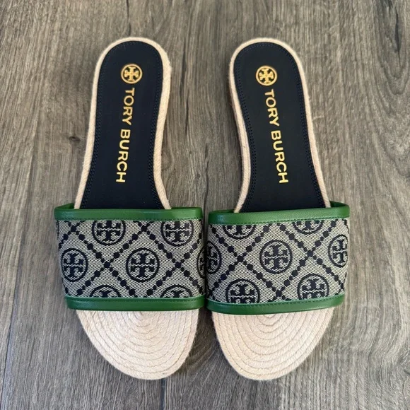 Tory Burch T monogram sandals Green and Beige Women's Slides espadrille size 8.5 - Picture 3 of 13